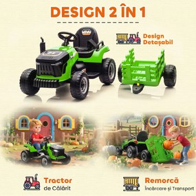AIYAPLAY Tractor Electric 2 în 1 pentru Copii 3-8 Ani 12V cu Remorcă Detașabilă, Mașină Electrică pentru Copii cu Telecomandă, Centură de Siguranță, Muzică, Lumini LED și Claxon, Verde | Aosom Romania