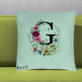 Cadou Personalizat - Perna Personalizata Monogram Litera G cu Flori Acuarela, 40x40 cm, Verde Menta, Husa Detasabila, Perna Inclusa, BEKZ®