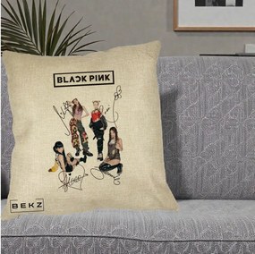Perna Personalizata K-pop BLACKPINK Fotografie Grup Autografe Toate Membre, 40x40 cm, Crem, Husa Detasabila, Perna Inclusa, BEKZ®