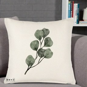 Perna Decorativa Ramura Eucalipt Acuarela, 40x40 cm, Crem Reliefat, Husa Detasabila, Perna Inclusa, BEKZ®