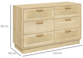 HOMCOM Comodă design boem din ratan cu 6 sertare, mobilier de depozitare pentru living, hol, intrare, stejar | Aosom Romania