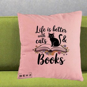 Perna Personalizata Life is Better Cats and Books, 40x40 cm, Roz, Husa Detasabila, Perna Inclusa, BEKZ®