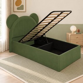 Pat tapițat pentru copii din catifea Varen 100×200 cm, kaki, cu ladă de depozitare