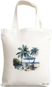 Sacosa de Panza pentru Cumparaturi, Geanta Tote, model Beach life 3 38 x 34.5 cm, Alba, BEKZ®
