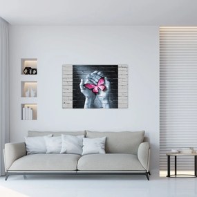 Tablou - Fluture roz în perete (90x60 cm)
