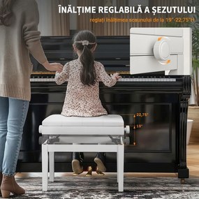 Scaun de Pian HOMCOM Reglabil cu Compartiment de Depozitare și Scaun Imbunătățit, 54.5x33x48-58 cm, Alb | Aosom Romania