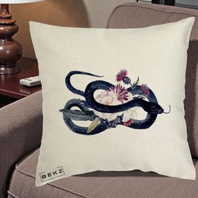 Perna Decorativa Sarpe Negru cu Flori Gothic, 40x40 cm, Ecru, Husa Detasabila, Perna Inclusa, BEKZ®