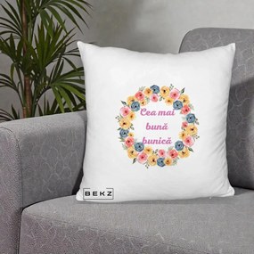 Cadou pentru Bunica - Perna Personalizata Cea Mai Buna Bunica Coronita Flori Multicolore, 40x40 cm, Alb Pufos, Husa Detasabila, Perna Inclusa, BEKZ®