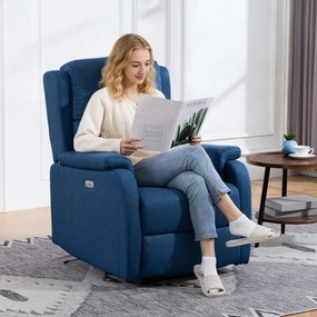 HOMCOM Fotoliu Relax Electric Reclinabil 150° cu Suport pentru Picioare și Port USB, Fotoliu Reclinabil Electric cu Cotiere Largi, Material cu Aspect de In, pentru Living, Dormitor, Albastru | Aosom Romania