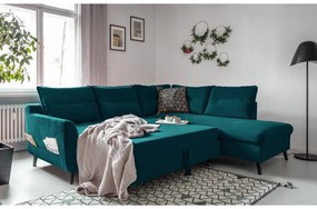 Colțar extensibil din catifea cu șezlong pe partea dreaptă Miuform Stylish Stan L, turcoaz