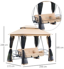 Outsunny Balansoar 3 Locuri cu Copertina, Plasa de Tantari si Perne, Bej 256x172x248cm | Aosom Ro