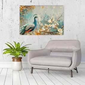 Tablou - Păun cu decor de aur (90x60 cm)