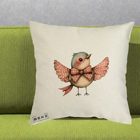 Perna Decorativa Pasare Roz cu Aripi si Fundita, 40x40 cm, Ecru, Husa Detasabila, Perna Inclusa, BEKZ®