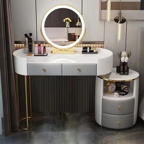 RESIGILAT Set Anais, Masă de toaletă pentru machiaj cu oglindă iluminată LED, control touch, 4 sertare, scaun, Alb/Gri