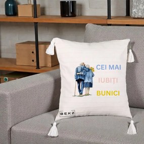 Cadou pentru Bunici - Perna Personalizata Cei Mai Iubiti Bunici Acuarela Spate, 40x40 cm, Bej cu Franjuri, Husa Detasabila, Perna Inclusa, BEKZ®