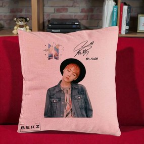 Perna Personalizata K-pop BTS Suga par Portocaliu Palarie Autograf, 40x40 cm, Roz, Husa Detasabila, Perna Inclusa, BEKZ®