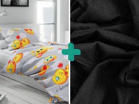 Lenjerie de pat din microfibra EMOJI gri + cearsaf jersey 90x200 cm negru