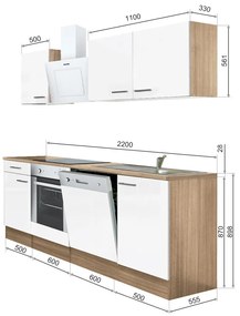 Mobilă de bucătărie Yorki 220, corp din stejar sonoma, față alb satinat cu element inferior al cuptorului