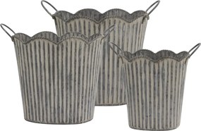 Set 3 jardiniere din zinc antichizat cu striații și mânere