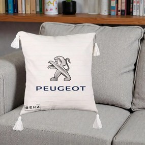 Perna Personalizata cu emblema Peugeot, 40x40 cm, Bej cu Franjuri, Husa Detasabila, Perna Inclusa, BEKZ®