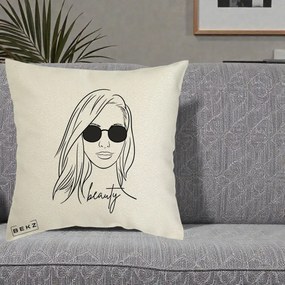 Perna Decorativa Beauty Girl Line Art, 40x40 cm, Ecru, Husa Detasabila, Perna Inclusa, BEKZ®