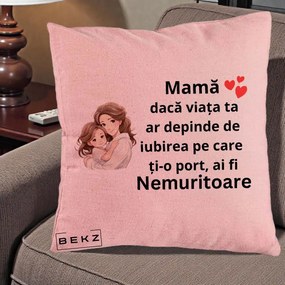 Cadou pentru Mama - Perna Personalizata Mama Nemuritoare cu Balon Inima, 40x40 cm, Roz, Husa Detasabila, Perna Inclusa, BEKZ®