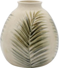 Vază decorativă din ceramică artizanală albă glazurată, pictată manual cu frunze de palmier, 23x23 cm, „Tropique"