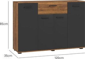 HOMCOM Bufet pentru living, mobilier de depozitare cu 4 dulapuri, sertare și rafturi reglabile, dim. 120 x 35 x 85 cm, maro și negru | Aosom Romania