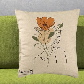 Perna Decorativa Portret Feminin Floare Portocalie, 40x40 cm, Bej, Husa Detasabila, Perna Inclusa, BEKZ®