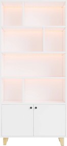 Bibliotecă cu iluminare ambientală LED cu schimbare de culoare, uși duble și mai multe rafturi, 80x30x173 cm, Alb