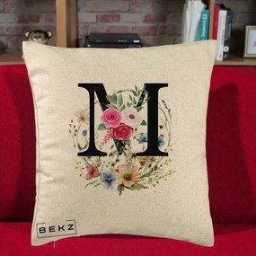 Cadou Personalizat - Perna Personalizata Monogram Litera M cu Flori Acuarela, 40x40 cm, Bej, Husa Detasabila, Perna Inclusa, BEKZ®