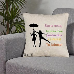 Cadou pentru Sora - Perna Personalizata Sora Mea Te Iubesc Siluete Colorate Umbrela, 40x40 cm, Bej Canapea, Husa Detasabila, Perna Inclusa, BEKZ®