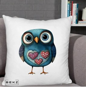 Perna Decorativa Bufnita Teal cu Doua Inimi, 40x40 cm, Alb Pufos, Husa Detasabila, Perna Inclusa, BEKZ®