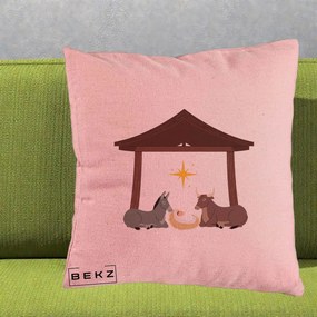 Perna Decorativa Ieslea din Betleem cu Iesle Asin si Bou, 40x40 cm, Roz, Husa Detasabila, Perna Inclusa, BEKZ®