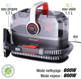 Aparat multifunctional cu aburi si aspirator Techwood TAN-7055V, 600/800W, Rezervor de apa curata si reziduala, 3 moduri, Afisaj digital, Gri/Portocaliu