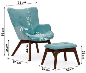 Fotoliu cu taburet turcoaz cu tapițerie din catifea reiată Niko – Ropez