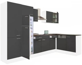 Dulap de bucătărie de colț Yorki 340 cu corp alb, față antracit satinat, dulap cu rafturi și frigider cu congelator superior