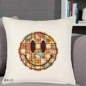 Perna Decorativa Smiley Face de Toamna cu Tartan si Dovlecei, 40x40 cm, Crem Reliefat, Husa Detasabila, Perna Inclusa, BEKZ®
