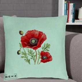Perna Decorativa Maci Rosii Acuarela, 40x40 cm, Verde Menta, Husa Detasabila, Perna Inclusa, BEKZ®