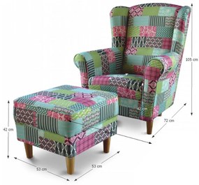 Fotoliu cu taburet, material textil în stilul patchwork M1, ASTRID