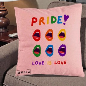 Perna Personalizata Pride Love is Love Curcubeu, 40x40 cm, Roz, Husa Detasabila, Perna Inclusa, BEKZ®