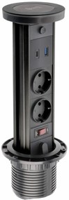 Priza incorporabila turn, 2 prize schuko, USB A+C, incarcare Wireless 10 W, lumina de veghe, cablu 1.5 m, neagra, GTV