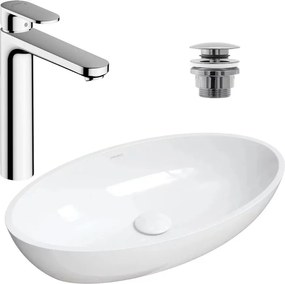 Pachet lavoar pe blat Omnires Siena M+ alb 60 cm, baterie lavoar Hansgrohe Vernis Blend crom si ventil lavoar Click-Clack crom