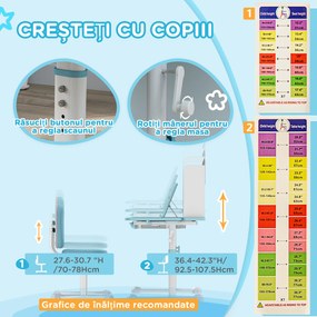 AIYAPLAY Set Birou și Scaun pentru Copii 3-12 Ani Reglabile pe Înălțime și Blat Înclinabil, 80x55x107.5 cm, Albastru | Aosom Romania