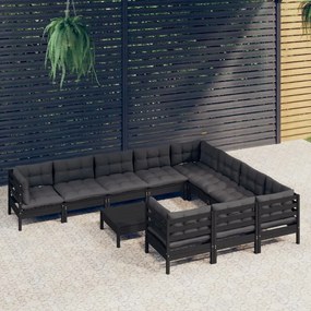 3097005 vidaXL Set mobilier grădină cu perne, 11 piese, negru, lemn de pin