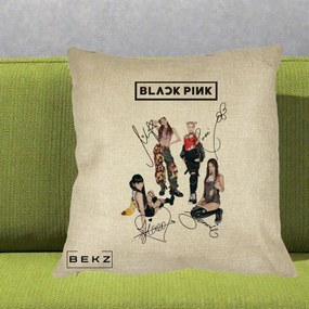 Perna Personalizata K-pop BLACKPINK Fotografie Grup Autografe Toate Membre, 40x40 cm, Crem, Husa Detasabila, Perna Inclusa, BEKZ®