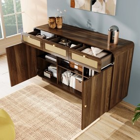 Comodă bufet, 3 sertare + 2 dulapuri cu raft central deschis și fețe din ratan, 120x40x85 cm, Maro