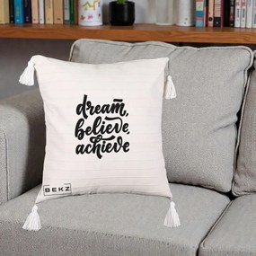 Perna Decorativa Dream Believe Achieve, 40x40 cm, Bej cu Franjuri, Husa Detasabila, Perna Inclusa, BEKZ®