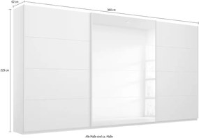 Dressing 360 cm lungime, 3 uși glisante, oglindă pe mijloc, culoare alb, compartimentare premium, 230 cm înălțime