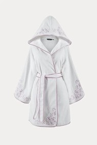 Halat scurt de damă RENGIN, cu glugă M Alb - broderie violet / Lila embroidery